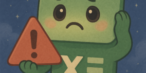 엑셀 오류 메시지를 들고 걱정하는 귀여운 마스코트 캐릭터, 별과 달이 있는 밤하늘 배경